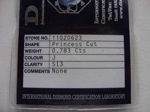 ** 0.78ct** Natural Princess Cut Diamond. J / SI3 (Certified)