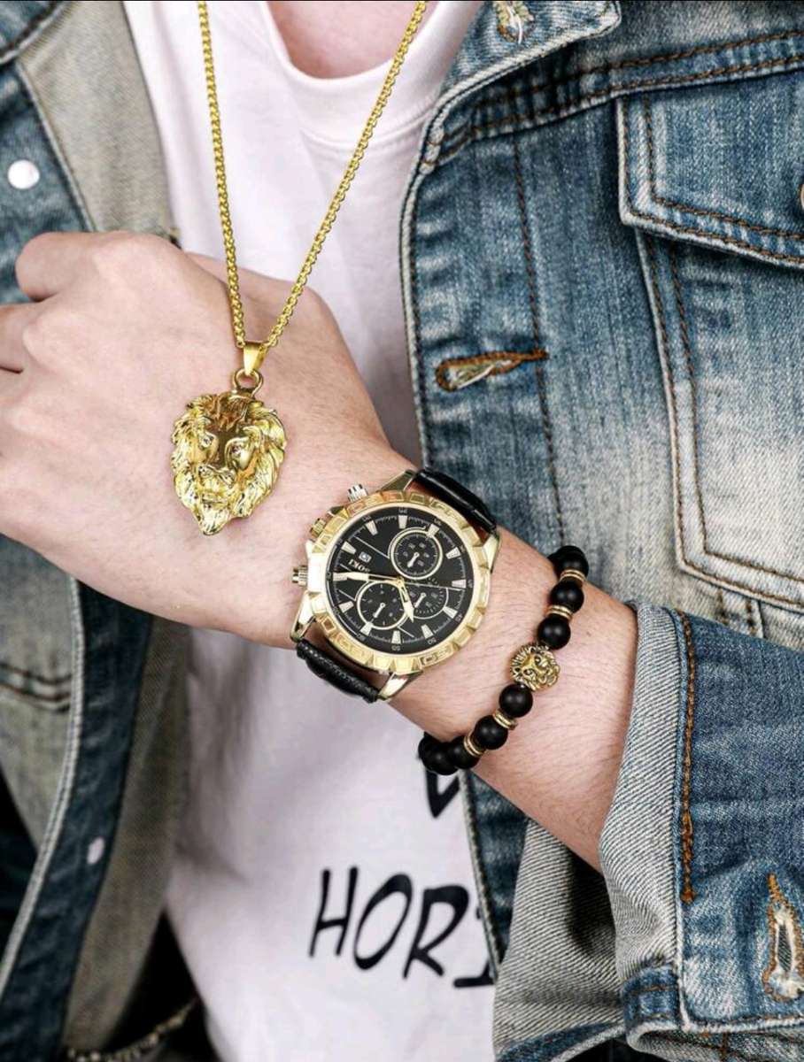 3pc luxurious Men`s Watch Set...  Gold plated Lion Head Bracelet and necklace