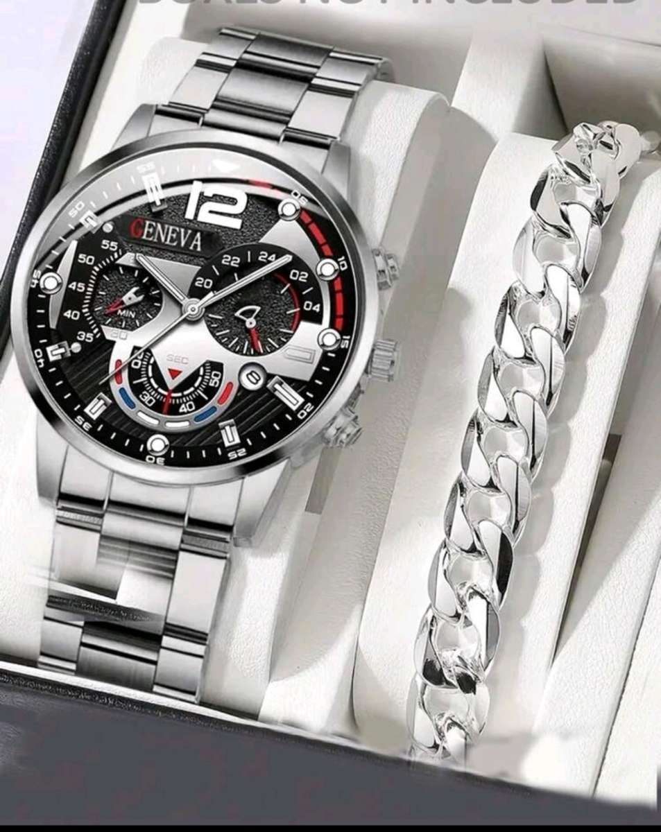 2pcs Luxury Men`s Bracelet Watch Set, Men`s Fashionable Calendar Business Stainless Steel Strap Quar