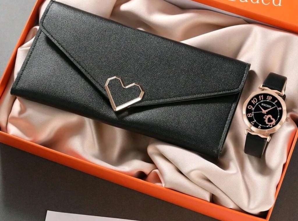 Luxurious woman 2pc watch set. With (P) leather wallet