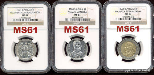 TRIO SET OF 3 x MS61's !!!!! *** INAUGURATION + SMILEY + BIRTHDAY Mandela R5's !!! *** BID PER COIN