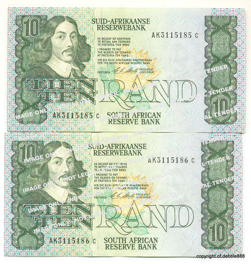CL STALS - 2 x TEN RANDS IN SEQUENCE- 1990 FIRST ISSUE (AK prefix) - EF+ CONDITION - BID PER NOTE