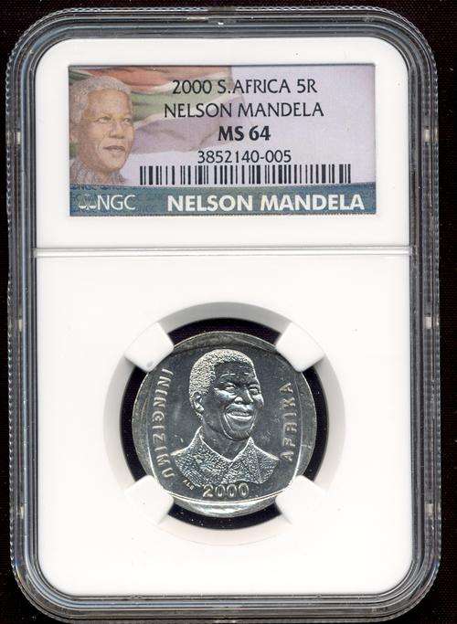 *** MS64 !!! Mandela 2000 "SMILEY" R5 coin - NEW LABEL ***** HIGH GRADE !!!!!