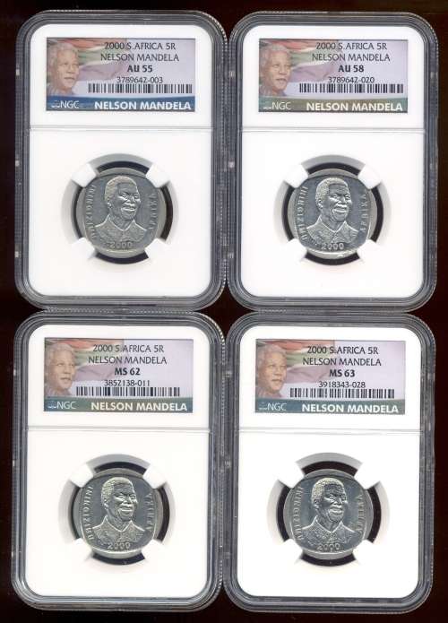 COMBO Set of FOUR Mandela "SMILEY" COLOUR label R5's*** AU55/ AU58 /MS62 /MS63 *** NGC graded; bid/c