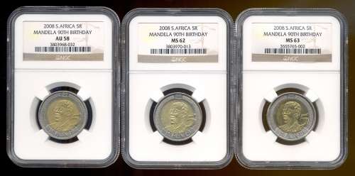 SET of THREE 90th Birthday Mandela R5's *** AU58 / MS62 / MS63 *** Bid p/coin; winner takes all