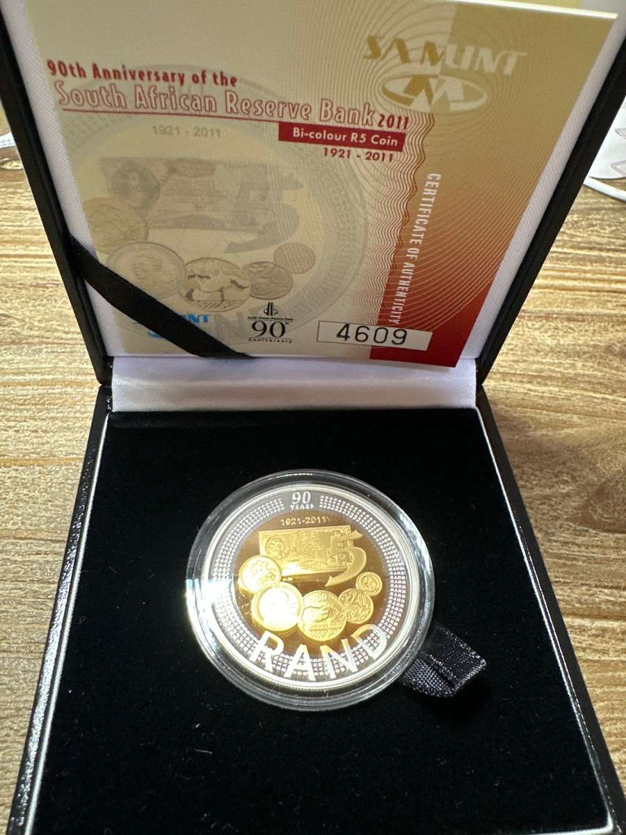BI-COLOUR R5 Proof Crown - 2011 - SARB 90th Anniversary - still sealed in original SAM box and COA