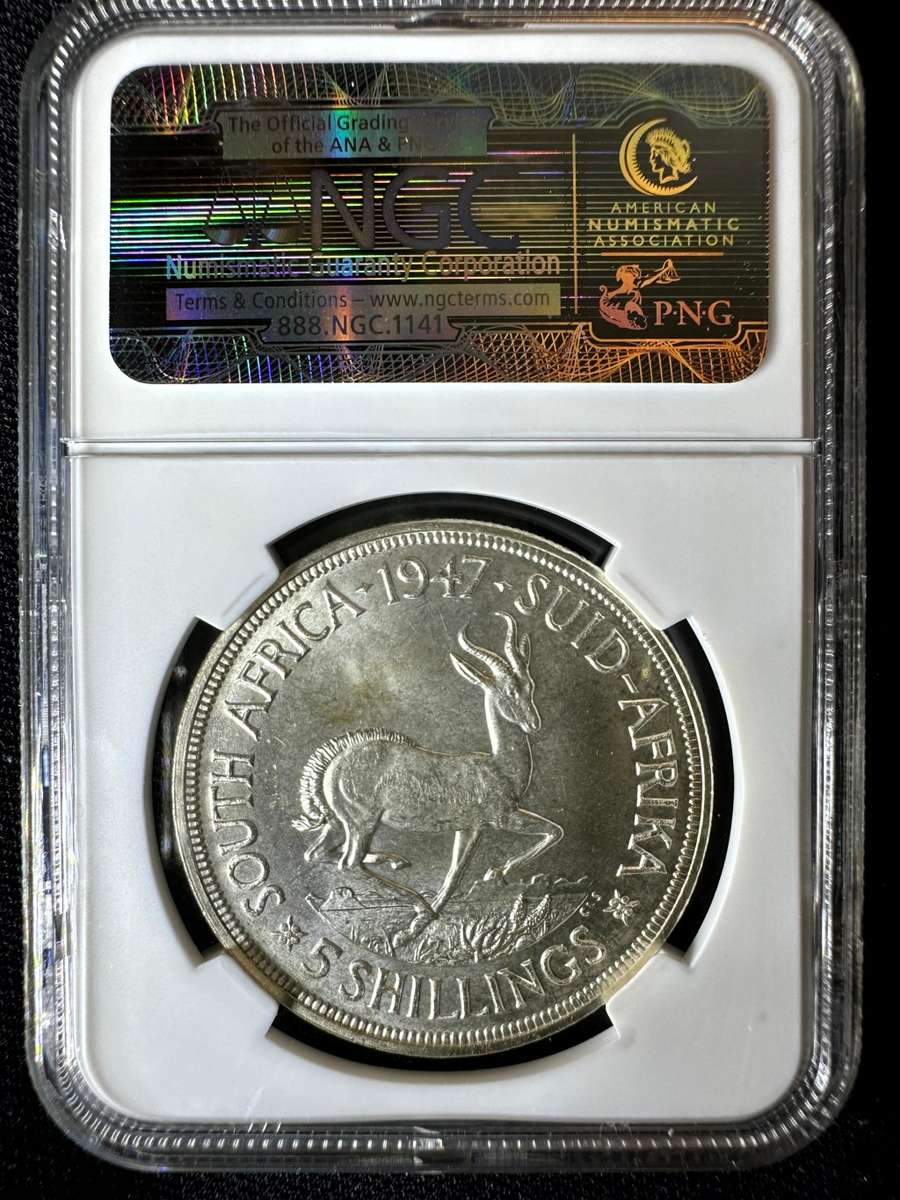 1947***5 shilling TOP CROWN***MS64***NGC