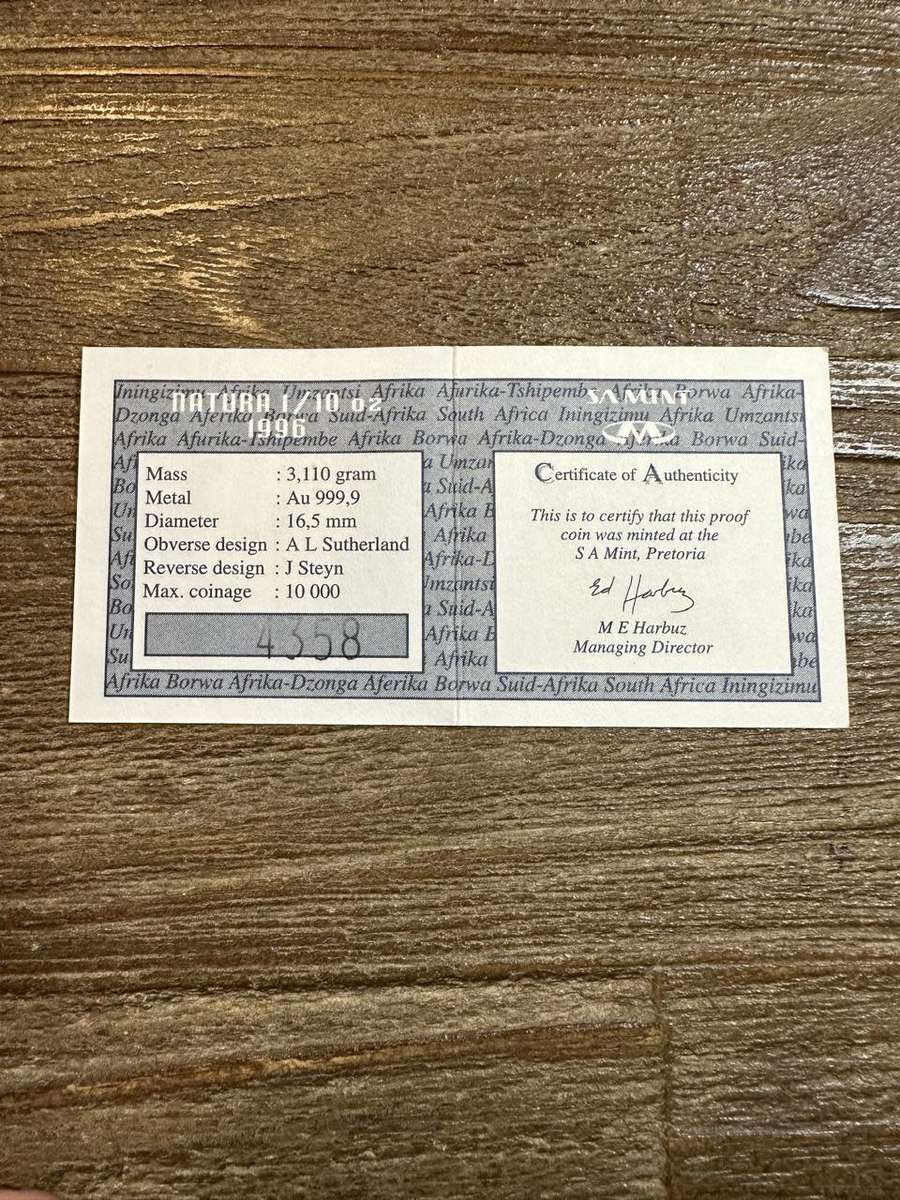 Natura ELEPHANT - 1/10 ounce Gold - SCARCE, highly collectable, includes COA