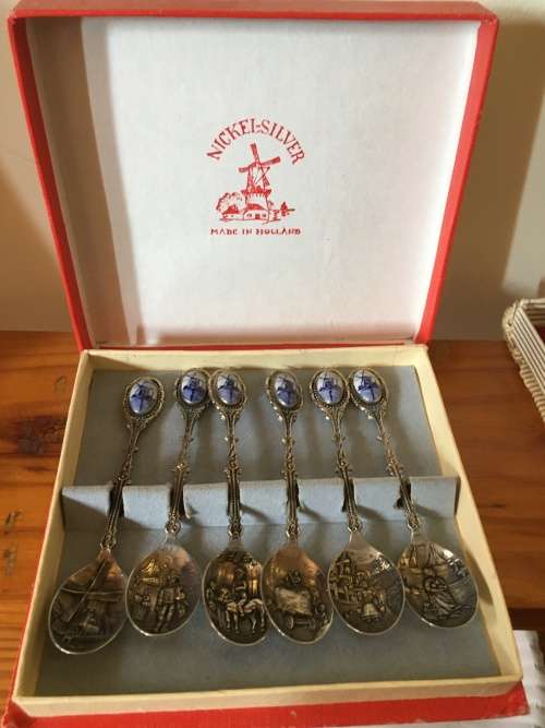 1950 set of delft nickel silver teaspoons, still in orinal box