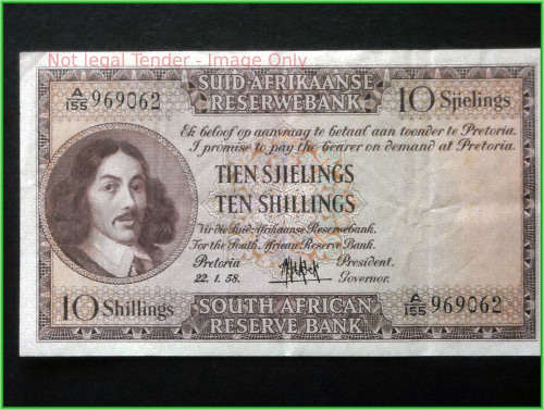 SA Union Ten Shillings/Tien Sjielings # Dated 22.1.58 Serial No A155