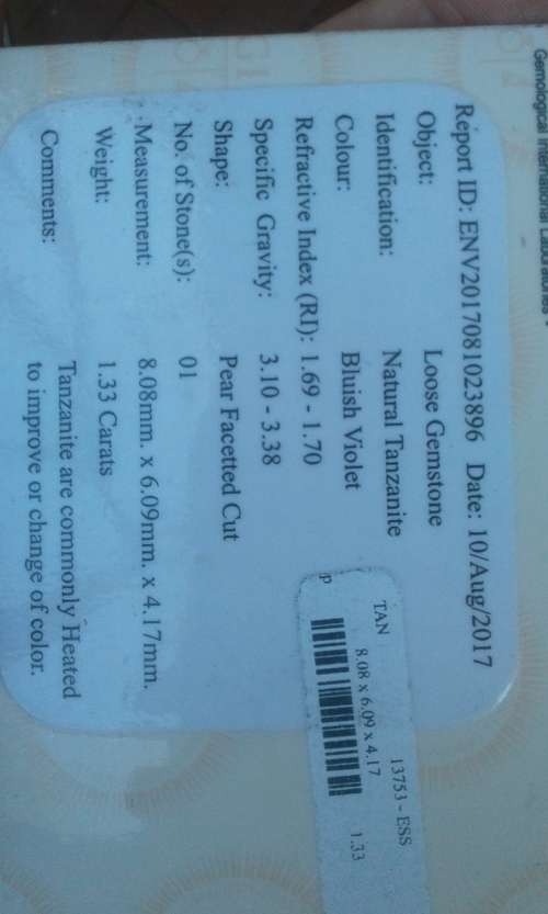 1.33 ct "GIL" CERTIFIED TOP CLASS FIRE BLUISH VIOLET 100% NATURAL TANZANITE