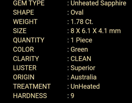 Natural 1.78 Ct Green Sapphire UNHEATED Small chip under stone on side Low bids