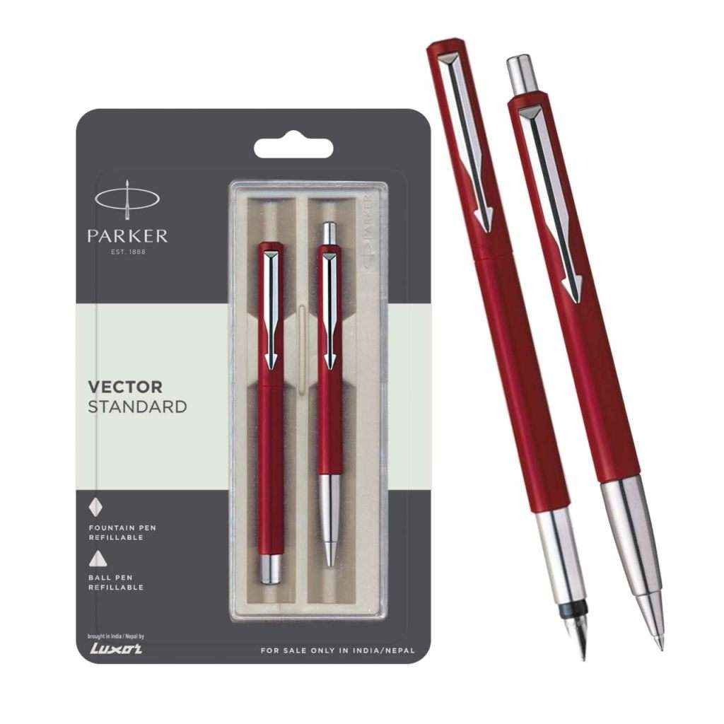 Parker Vector Standard Chrome Trim Fountain Pen + Ball Pen set - Red body - blue ink