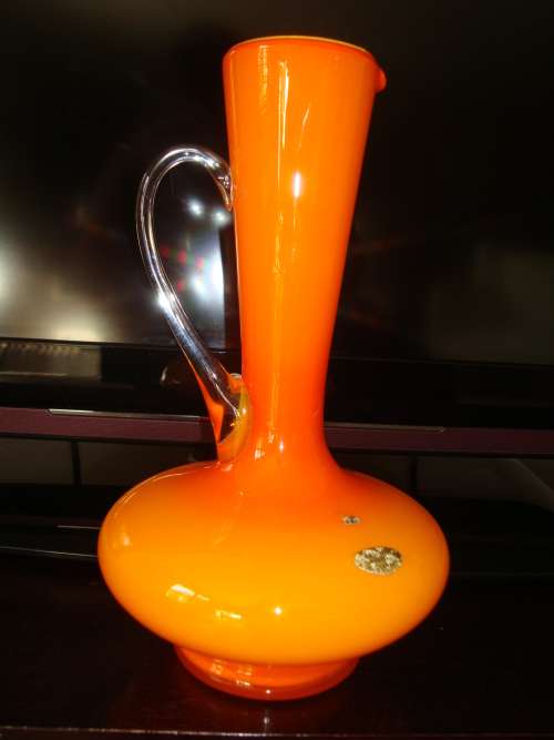 vintage ORANGE VENETIAN CASED GLASS PITCHER/EWER with clear crystal handle - 1960 s
