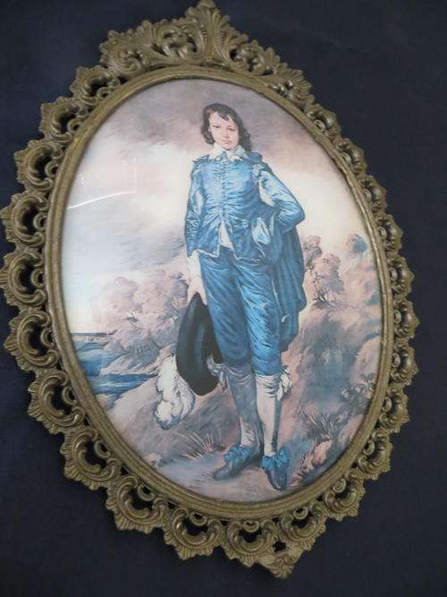 large vintage OVAL BUBBLE CONVEX glass picture of BLUE BOY - 40CM x 29CM