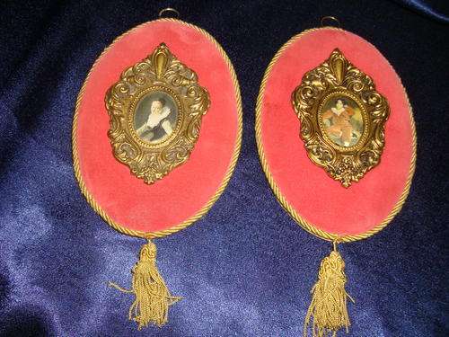 vintage pair of VELVET WALL PLAQUES with printed SATIN PICTURES