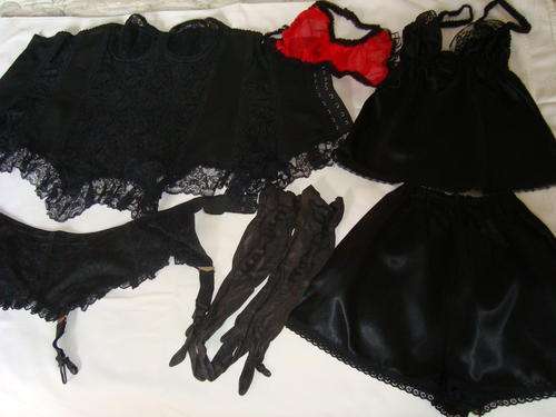 vintage BLACK LACE BONED CORSET, WASPIE with four  SUSPENDERS, NEGLIGEE and leather HAND GLOVES