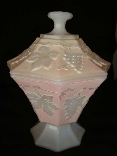 vintage MILK GLASS with pink back ground urn - beautiful !!