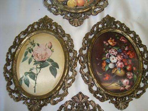 ITALIAN BRASS FRAMED silk pictures X 4