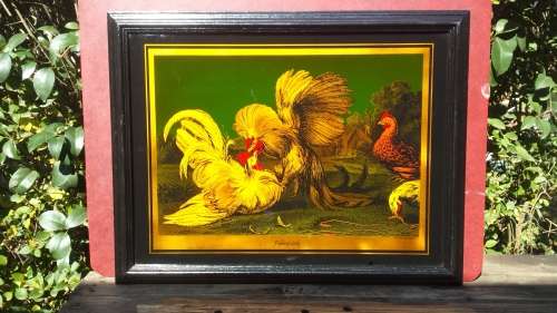 Fighting cocks. Framed handcrafted glass.