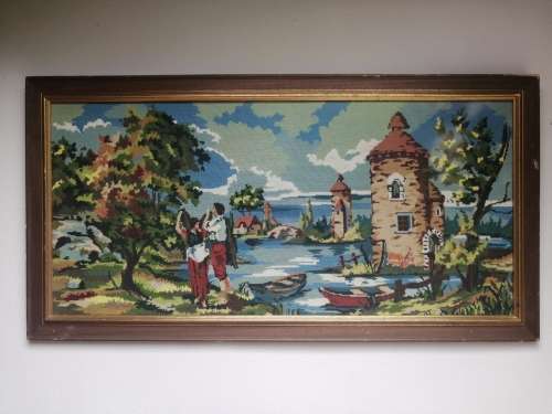 Lovely, large water scenery tapestry.