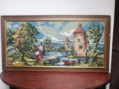 Lovely, large water scenery tapestry.