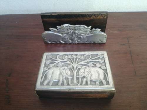 Old stamp box and letter holder set.
