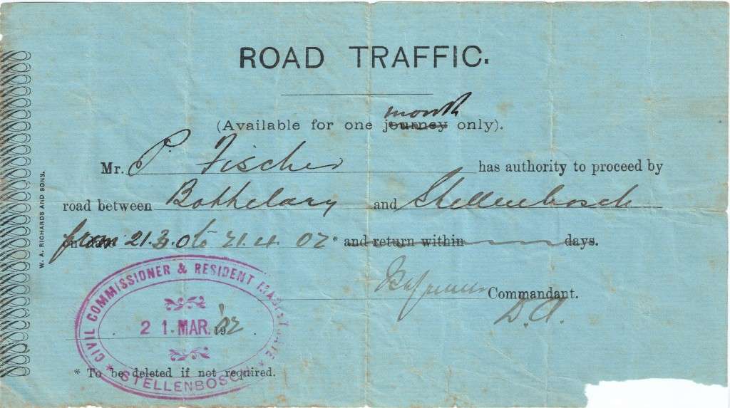 Anglo-Boer War Road Traffic Pass