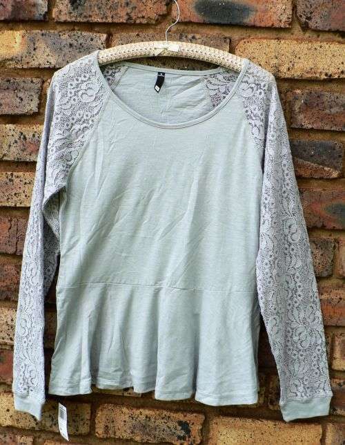 Woolworths light grey peplum top with long lacy sleeves - Size M