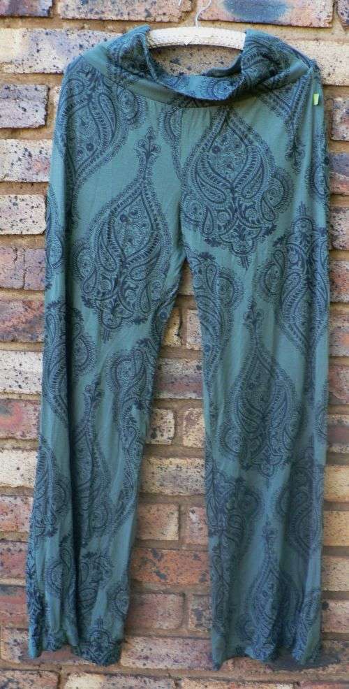 Design Team wide ladies pants (olive green with brown print) - Size Small/Medium