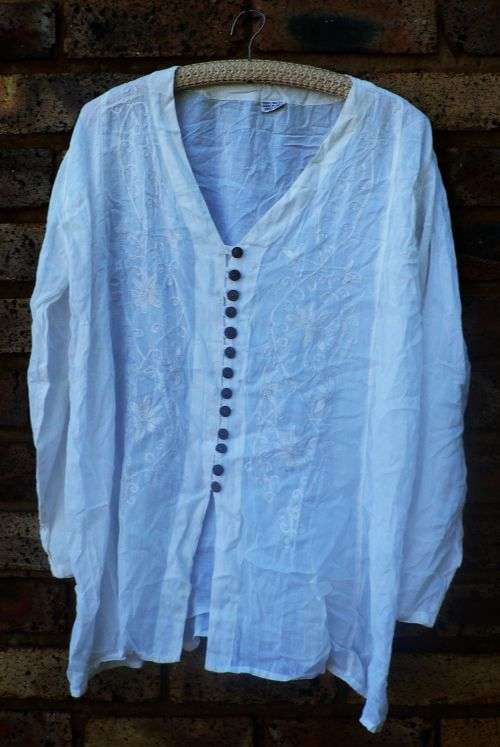 White Indian long-sleeved button-down tunic top with embroidery - Free size