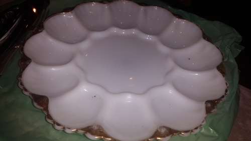 milk glass - devil egg holder -gold rim worn