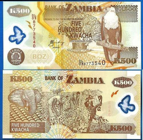 Zambia 500 Kwacha 2008 Unc Prefix DL Polymer Africa Banknote Aigle Banknote