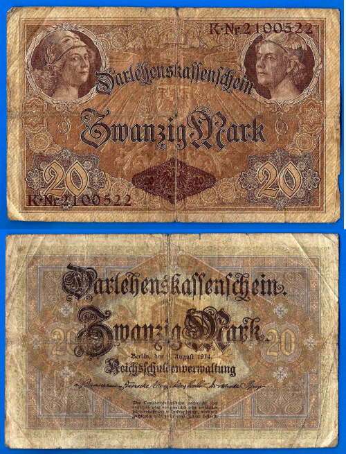 Germany 20 Mark 1914  Reichsbanknote Marks WWI Europe Banknote