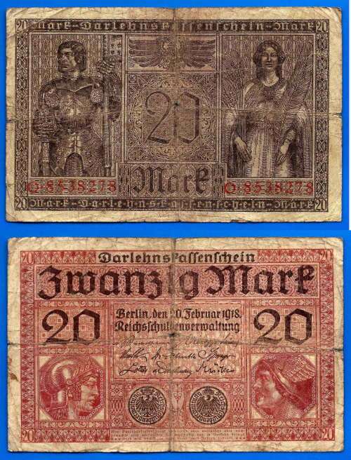 Germany 20 Mark 1918  Reichsbanknote Marks WWI Europe Banknote