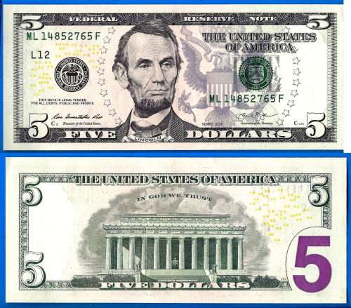 USA 5 Dollars 2013 UNC Mint San Francisco L12 Suffix F Dollar Banknote United States of America