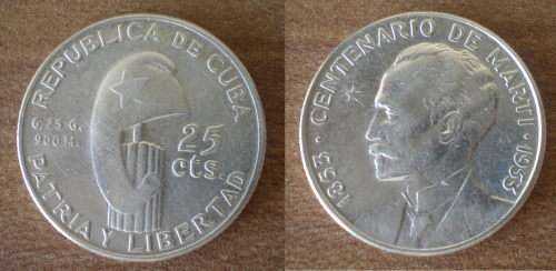 Cuba 25 Centavos 1953 Commemo Jose Marti 100 Years Silver Coin Caribe America Coin