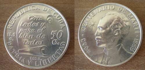 Cuba 50 Centavos 1953 Commemo Jose Marti 100 Years Silver Coin Caribe America Coin