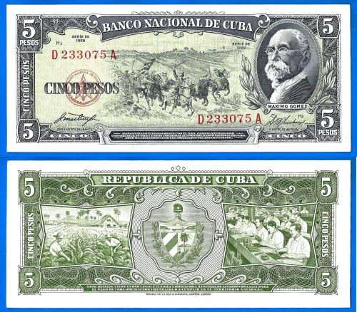 Cuba 5 Pesos 1958 Serie D Horse Tobacco Caribe Central America banknote