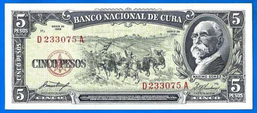Cuba 5 Pesos 1958 Serie D Horse Tobacco Caribe Central America banknote