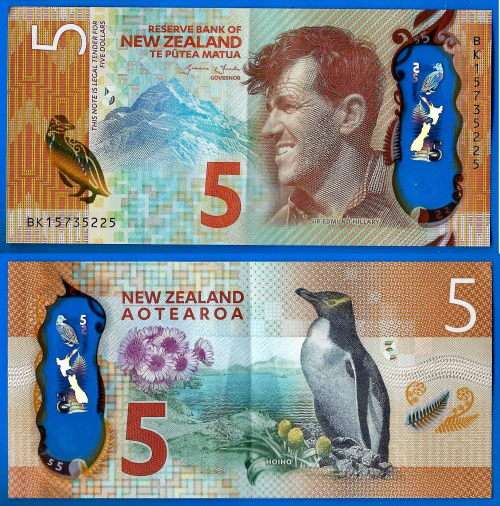 New Zealand 5 Dollars 2015 Pinguin Animal Polymer Oceania Pacific Banknote