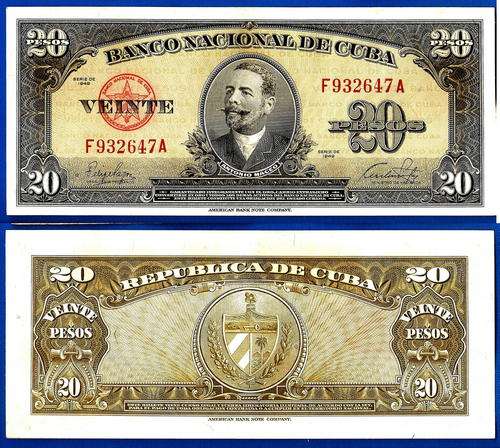 Cuba 20 Pesos 1949 Maceo Peso Centavos Caribe America