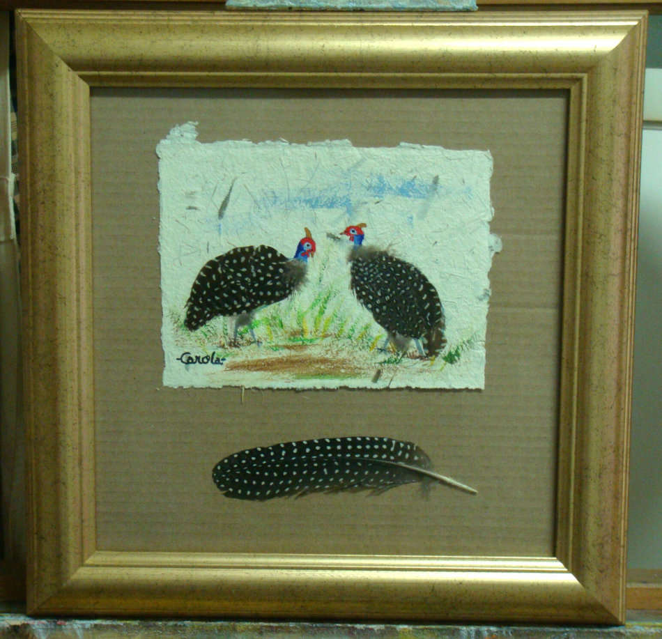 `GUINEA FOWL`  -  PAINTED ON DUNG PAPER  -  FRAMED - by  Carola  Size 385mm x 385mm.
