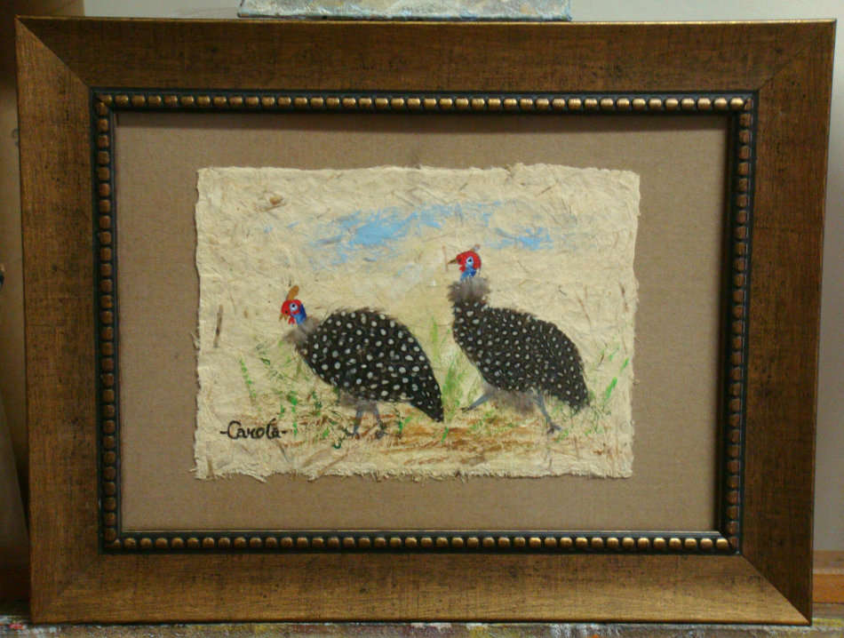 `GUINEA FOWL`  -  PAINTED ON DUNG PAPER  -  FRAMED - by  Carola  Size 370mm x 285mm.