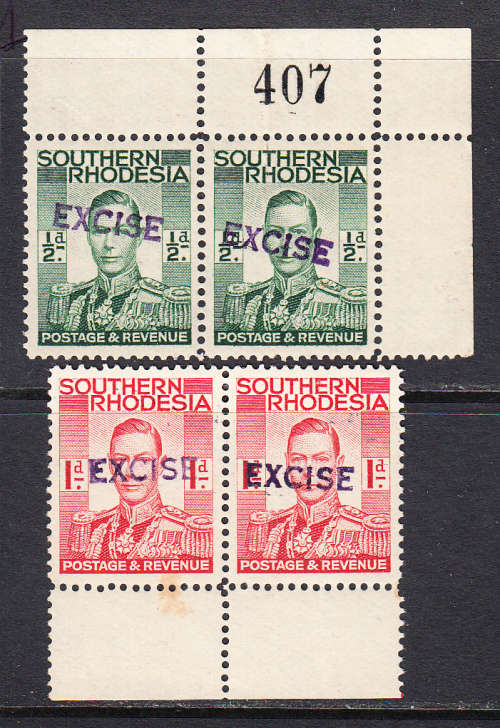 Southern Rhodesia 1942 KG VI  1/2d & 1d EXCISE revenue pairs , MNH    (BF 1-2 )