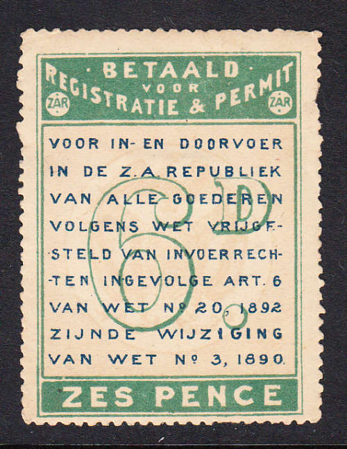 Transvaal 6d Customs Frank Fee revenue , M/H