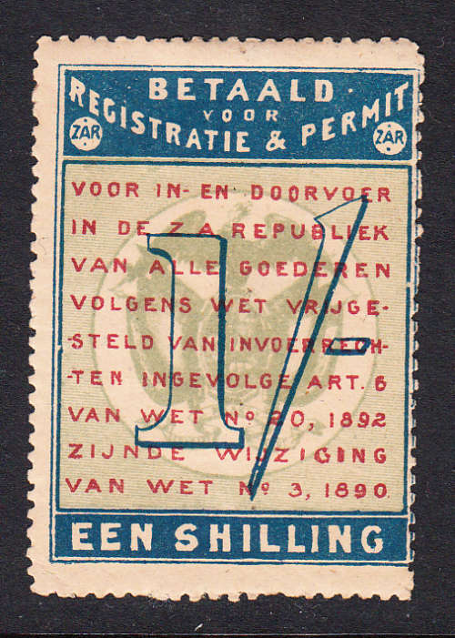 Transvaal 1894 1 s Customs Frank Fee revenue ,M/H