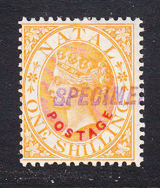 Natal 1888 QV 1s handstamped SPECIMEN , M/H        (SACC 104, CV R1700)