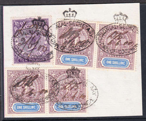 Cape of Good Hope 1873 QV £10 & 2 X 1s pairs used on piece       (BF 75,131 , CV £19)