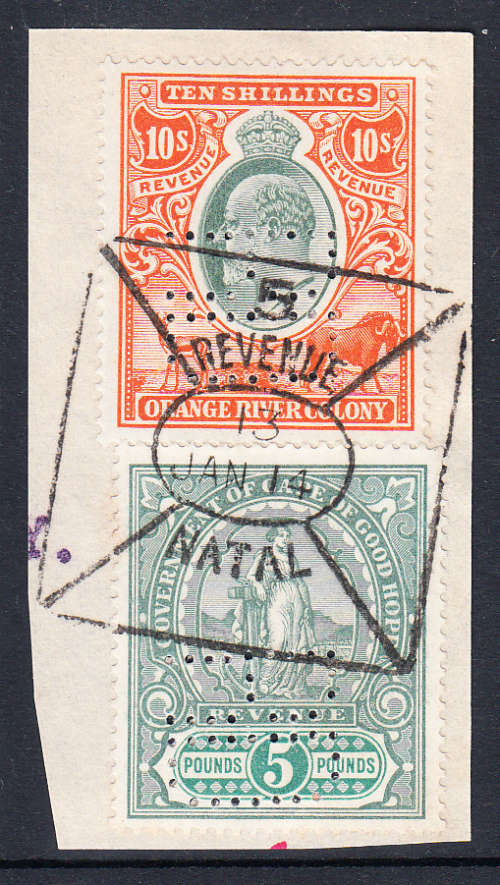 Cape of Good Hope 1898 £5 & OFS 10s revenues used on piece ,       ( BF 142 , 107 , CV £27)